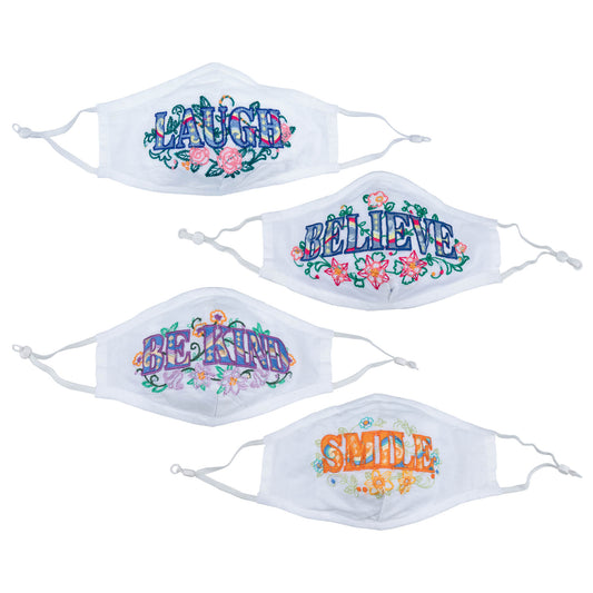 GreaterGood Read My Lips embroidered face mask with "Be Kind" message, made for comfortable wear and stylish protection.
