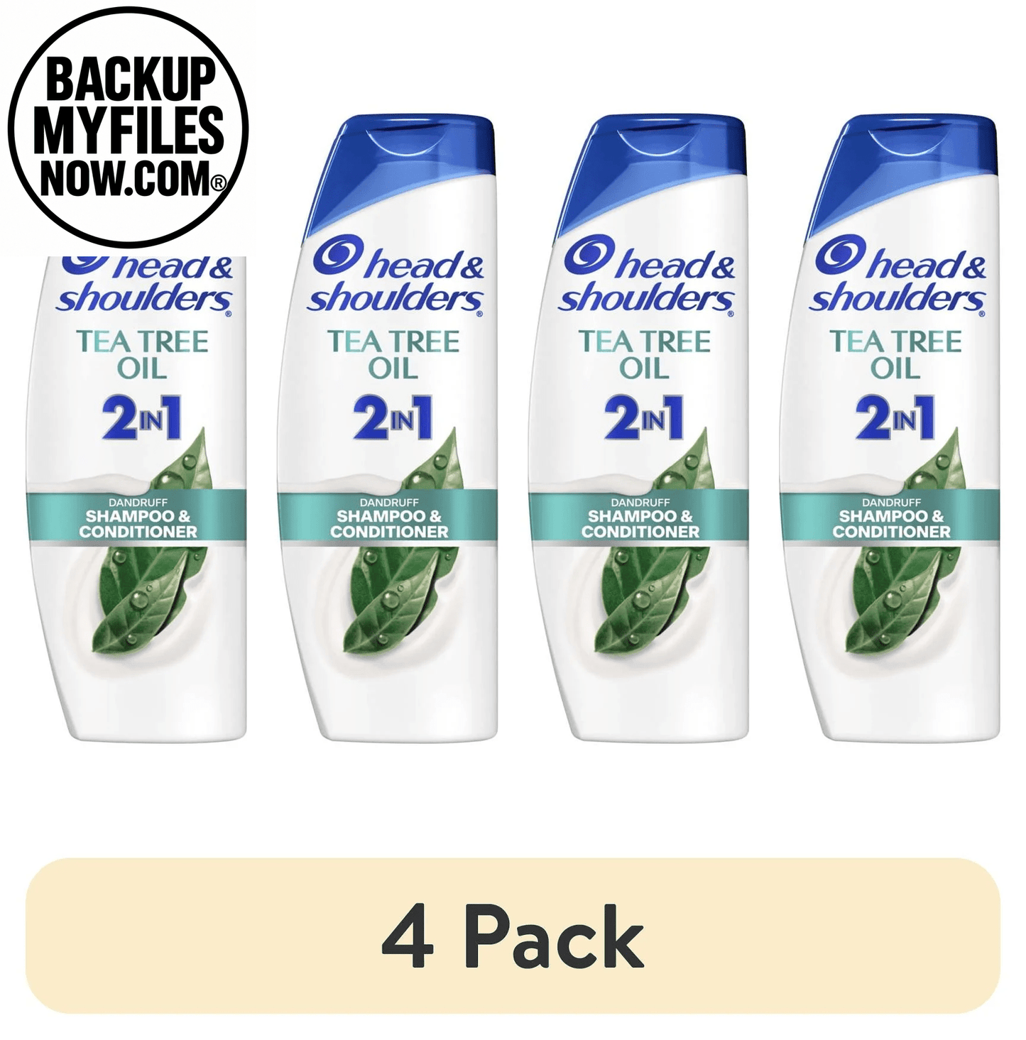 Head & Shoulders 2-in-1 dandruff shampoo and conditioner with tea tree oil in a 28.2 fl oz bottle, shown on a bathroom shelf.