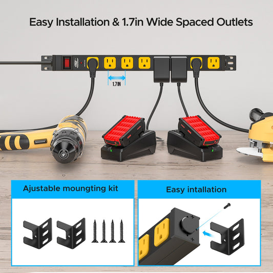CRST 8-outlet mountable metal power strip with surge protection, 4-way bracket mount, and flat plug, under desk installation.
