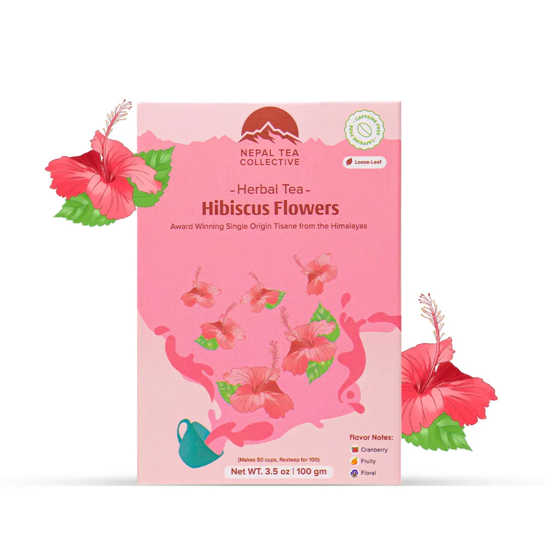 Organic Nepal Tea hibiscus blend in a clear glass jar, showing vibrant red dried hibiscus flowers.