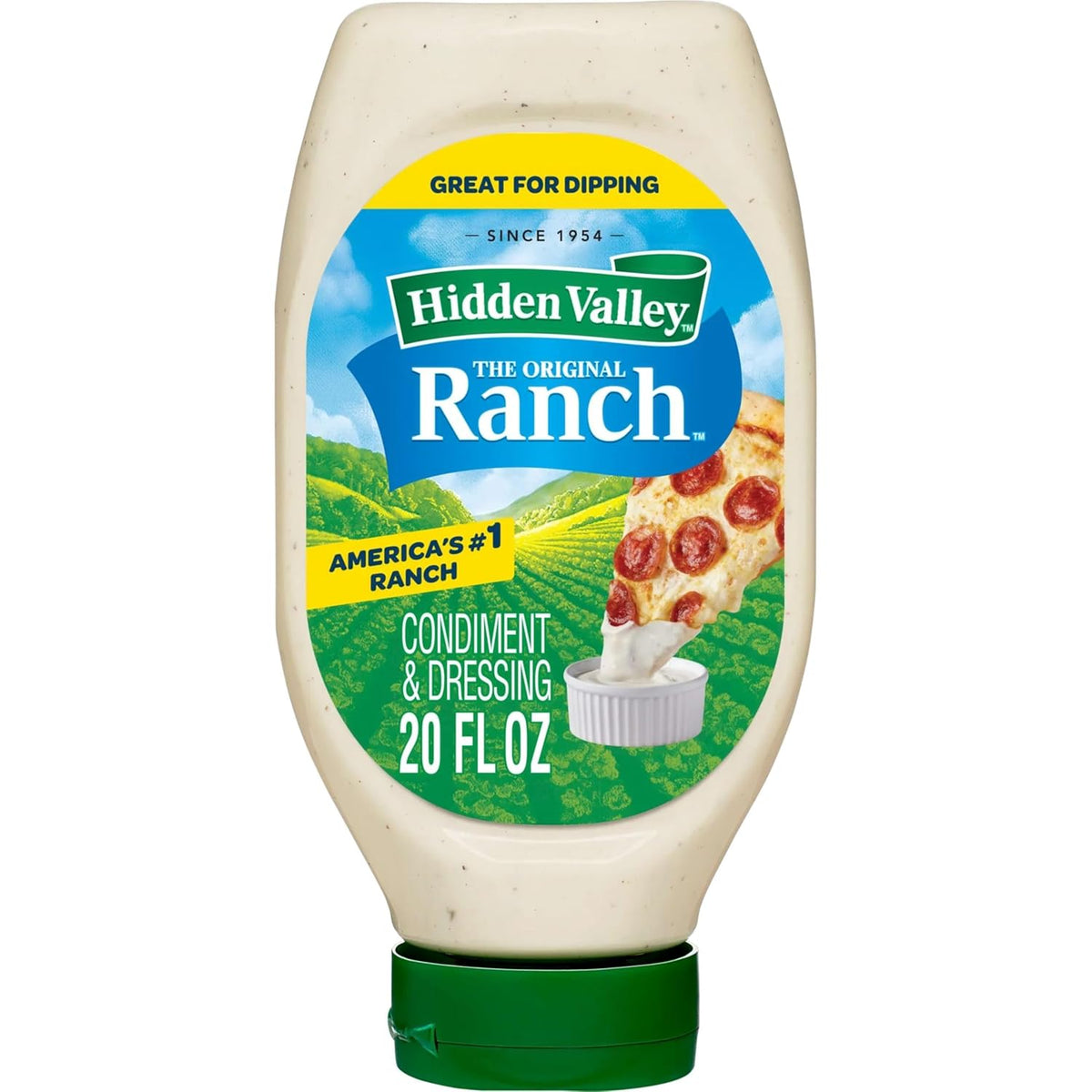 Hidden Valley Easy Squeeze Original Ranch Salad Dressing bottle, 20 ounces, with creamy ranch dressing visible in the image.
