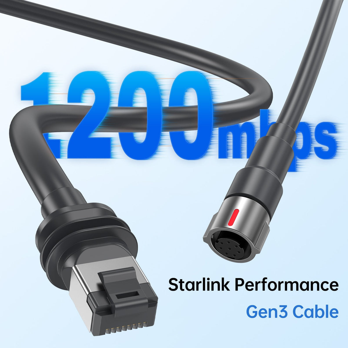 Starlink Gen3 replacement cable by Tesery, shielded outdoor cable supporting 1200Mbps for high-performance internet connection.