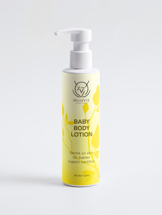 Belleviecosmetic calming baby lotion in a 190ml bottle, gentle nighttime moisturizer with soft, soothing texture for delicate skin.