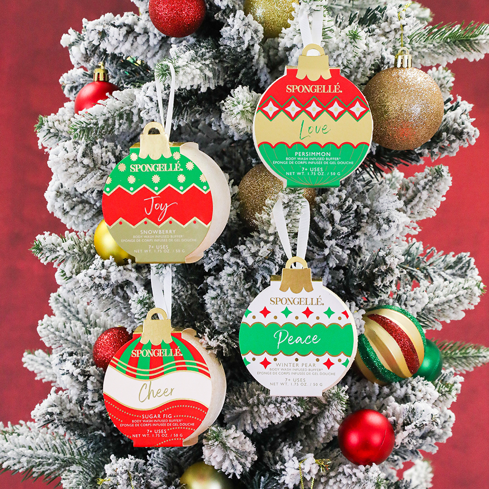 Spongellé Holiday Ornament Assorted Pack of body wash infused buffers with festive holiday designs and scents.