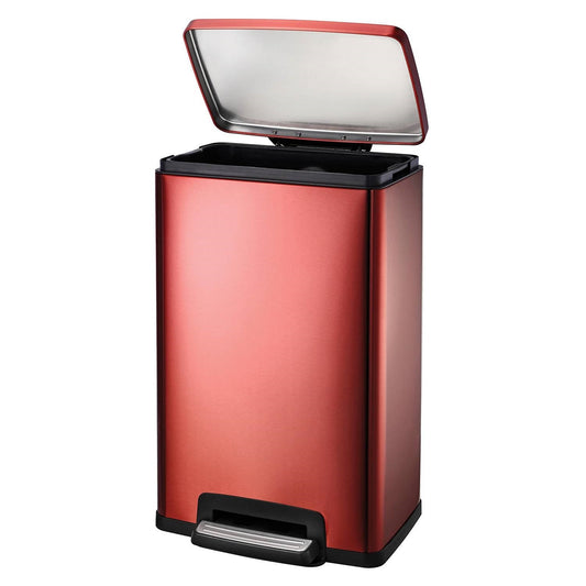 Stainless steel 13-gallon kitchen trash can with step lid in copper red finish, suitable for waste and recycling.