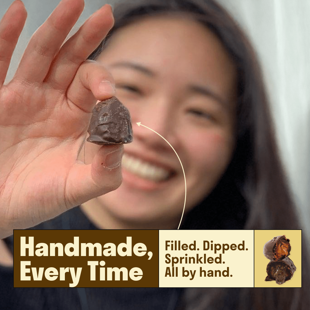 Single spiced dark chocolate stuffed Medjool date from Hot Date Kitchen in a 12-pack, covered in rich chocolate with a spiced filling.