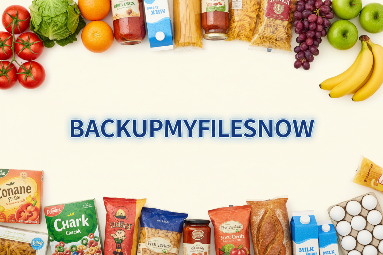 I need a very professional look set of graphics for my website that has several images for category Food & Grocery. Please make it very colorful and clear my brand, BACKUPMYFILESNOW in the center