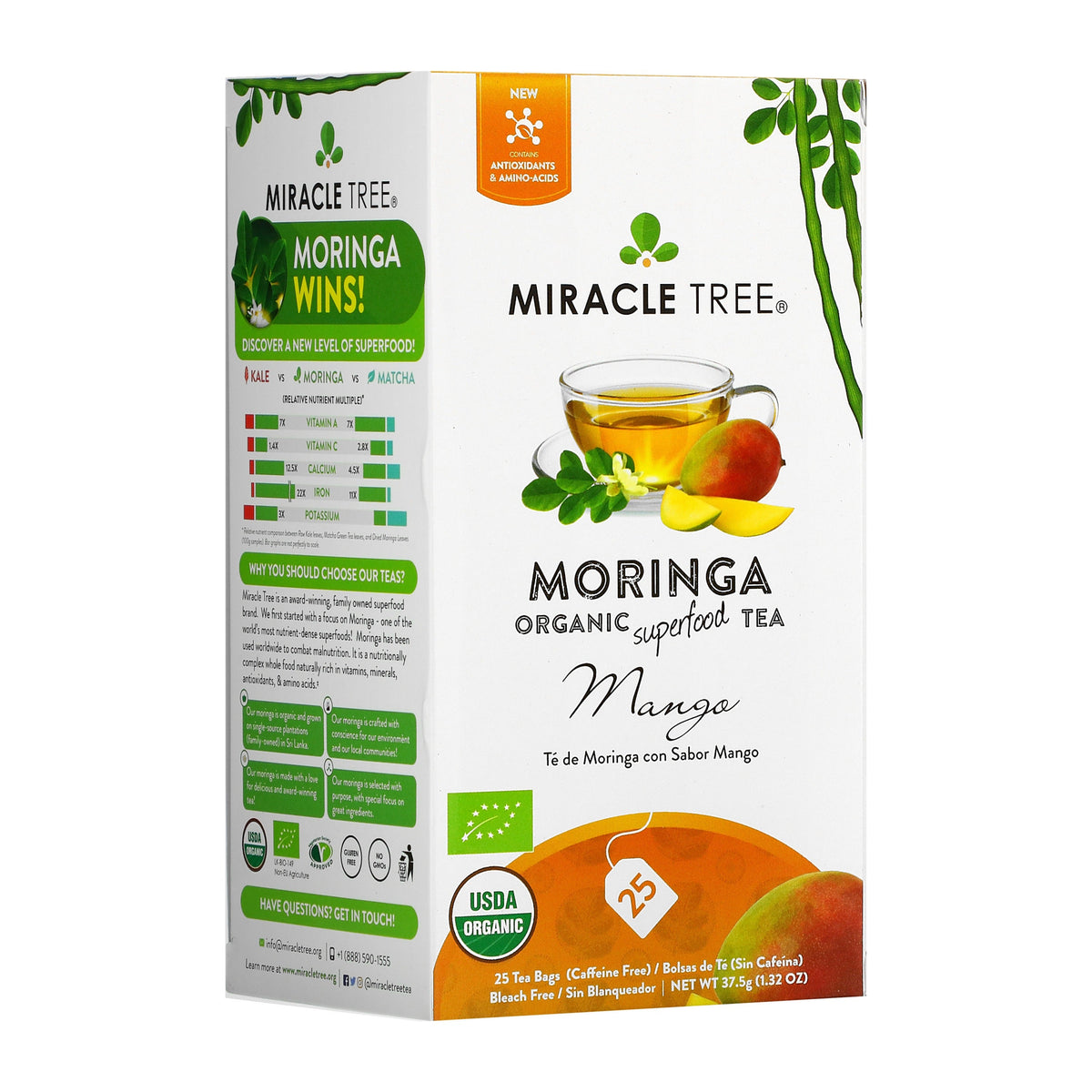 Organic Moringa Mango Herbal Tea by Miracle Tree, caffeine-free herbal tea with vibrant mango flavor and fresh tea leaves.