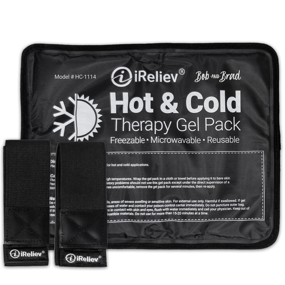 iReliev premium reusable hot and cold therapy gel pack with securement straps for pain relief and soothing treatment.