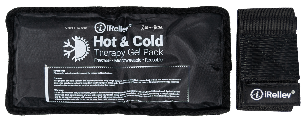 iReliev premium reusable hot and cold therapy gel pack with securement straps for targeted pain relief and comfort.