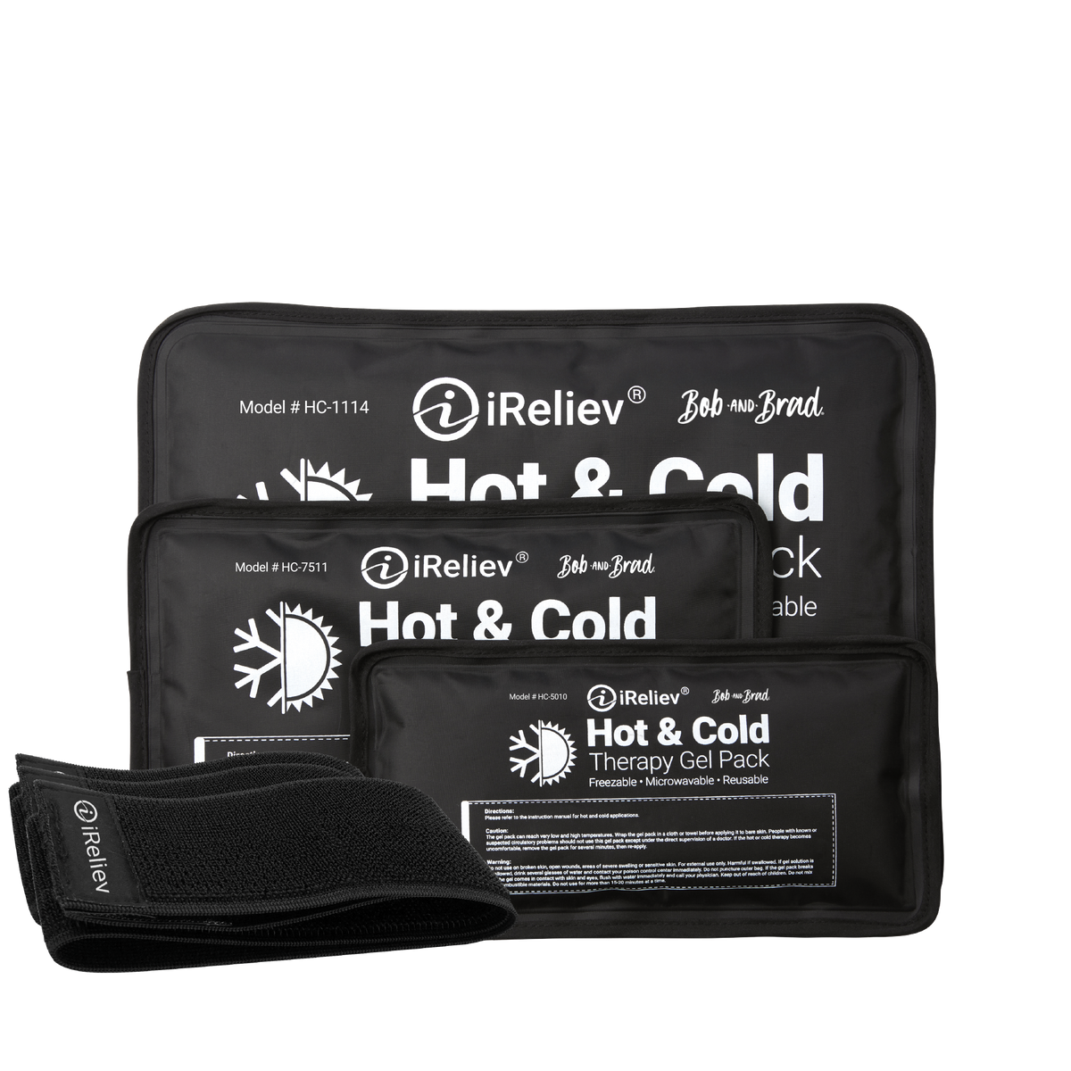 iReliev hot and cold therapy gel pack with securement straps, used for pain relief and muscle recovery, shown with straps attached.