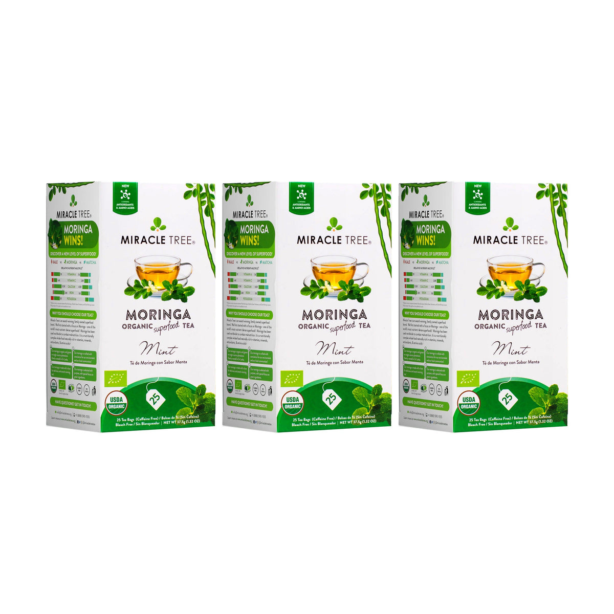 Organic Moringa Tea with mint from Miracle Tree, caffeine-free herbal tea in a clear glass cup with fresh mint leaves.