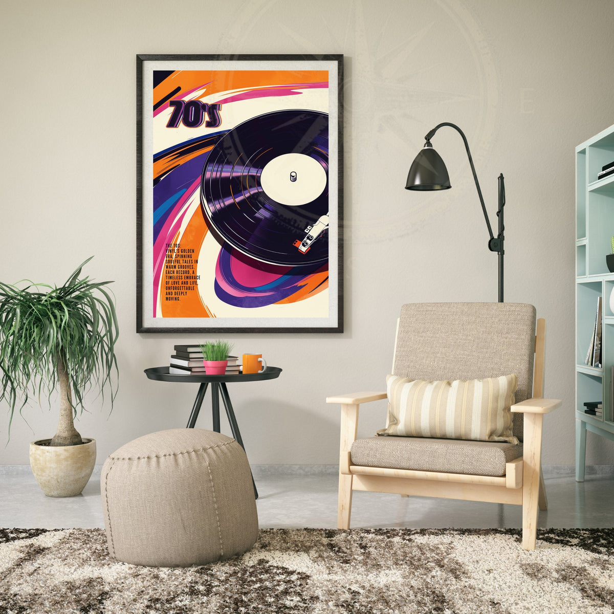 Vintage 70s vinyl record poster with colorful retro design, perfect for music and vintage decor enthusiasts.