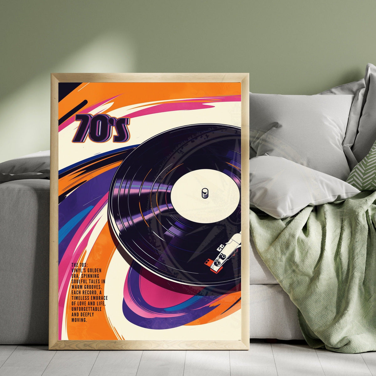 Vintage 70s vinyl record poster featuring colorful retro design, perfect for music and decor enthusiasts.