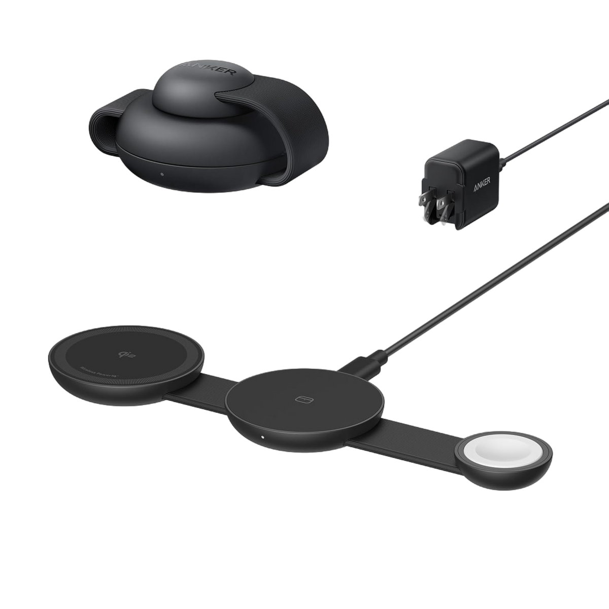 Anker MagGo 3-in-1 wireless charging station with foldable pad for phones, smartwatch, and earbuds on a sleek surface.