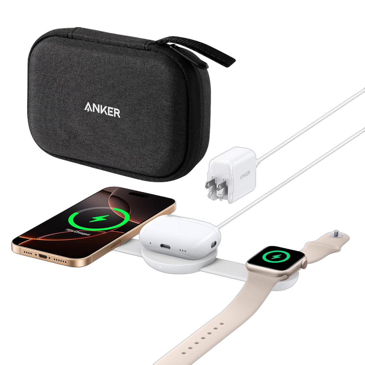 Anker MagGo 3-in-1 wireless charging station with foldable pad for smartphone, smartwatch, and wireless earbuds.