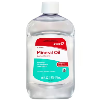 LEADER™ Mineral Oil 99.9% lubricant laxative in a 16 oz bottle, used for gentle relief from constipation.