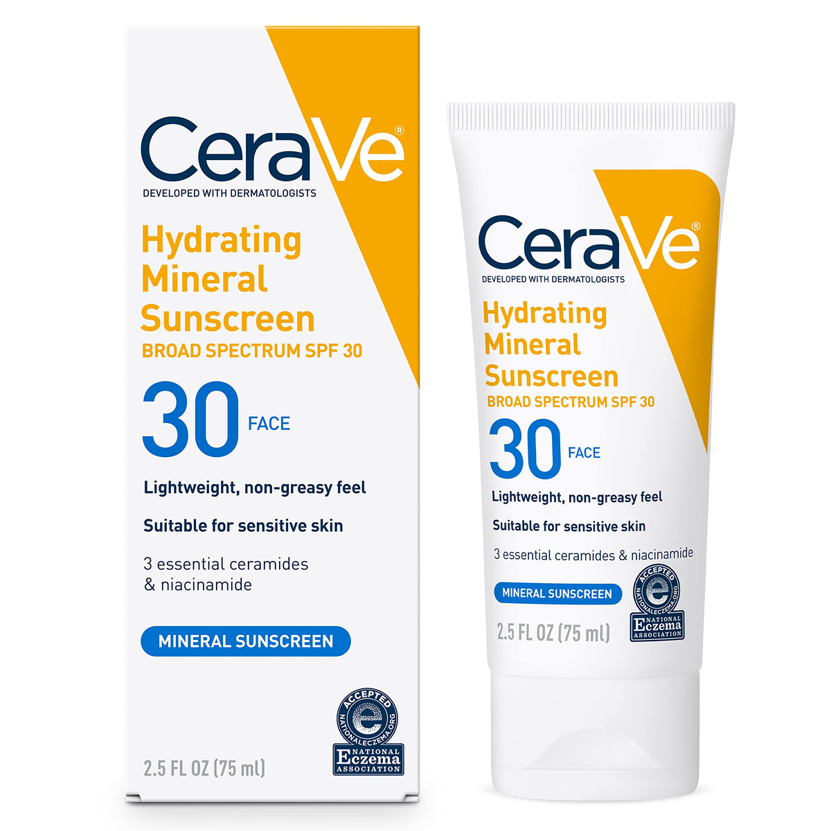 CeraVe Face 5% - 6% SPF 30 hydrating mineral sunscreen in a 2.5 oz tube, suitable for daily skin care protection.