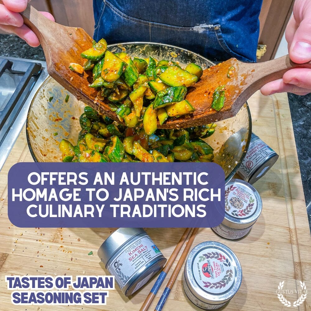 Japanese seasoning gift set by Gustus Vitae with six artisanal spice blends, showcasing colorful jars and traditional packaging.