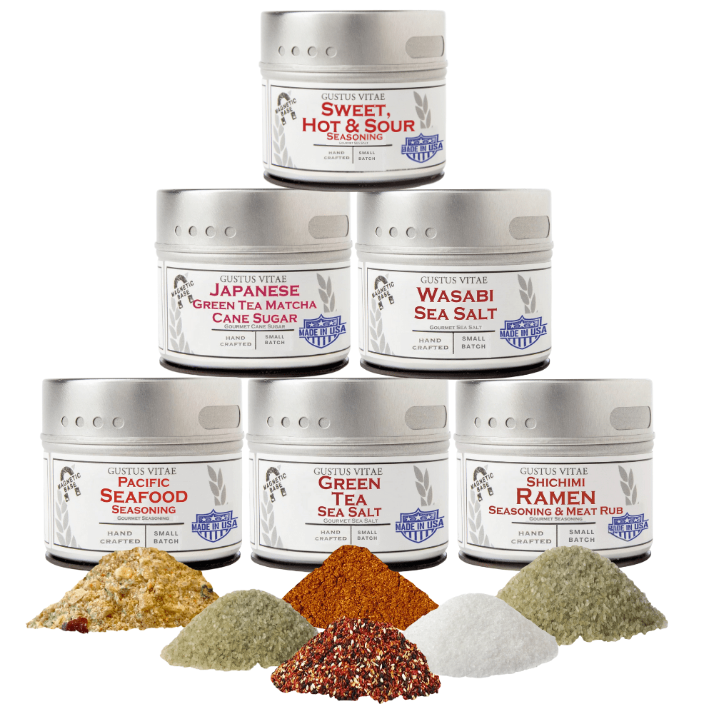 Japanese seasoning gift set by Gustus Vitae featuring six artisanal spice blends in a collection perfect for culinary gifts.