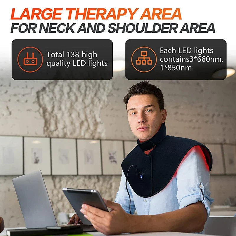 iReliev red light therapy wrap for neck and shoulder pain relief, heating pad with adjustable straps and infrared light technology