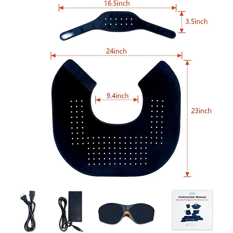 iReliev red light therapy wrap for neck and shoulder pain relief, featuring heating pad design with adjustable straps.