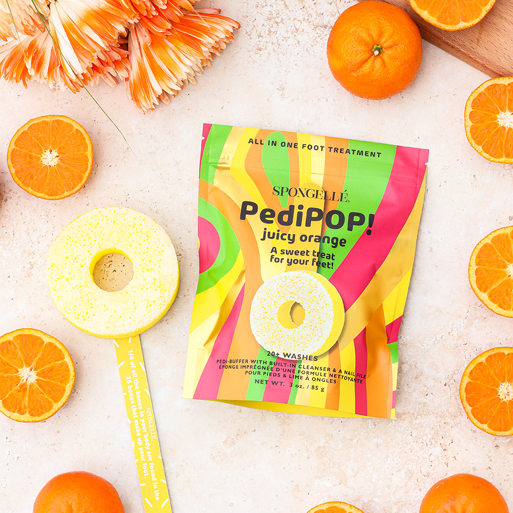 Spongellé PediPOP! Juicy Orange Pedi Buffer and Nail File for smooth, healthy toenails and foot care.