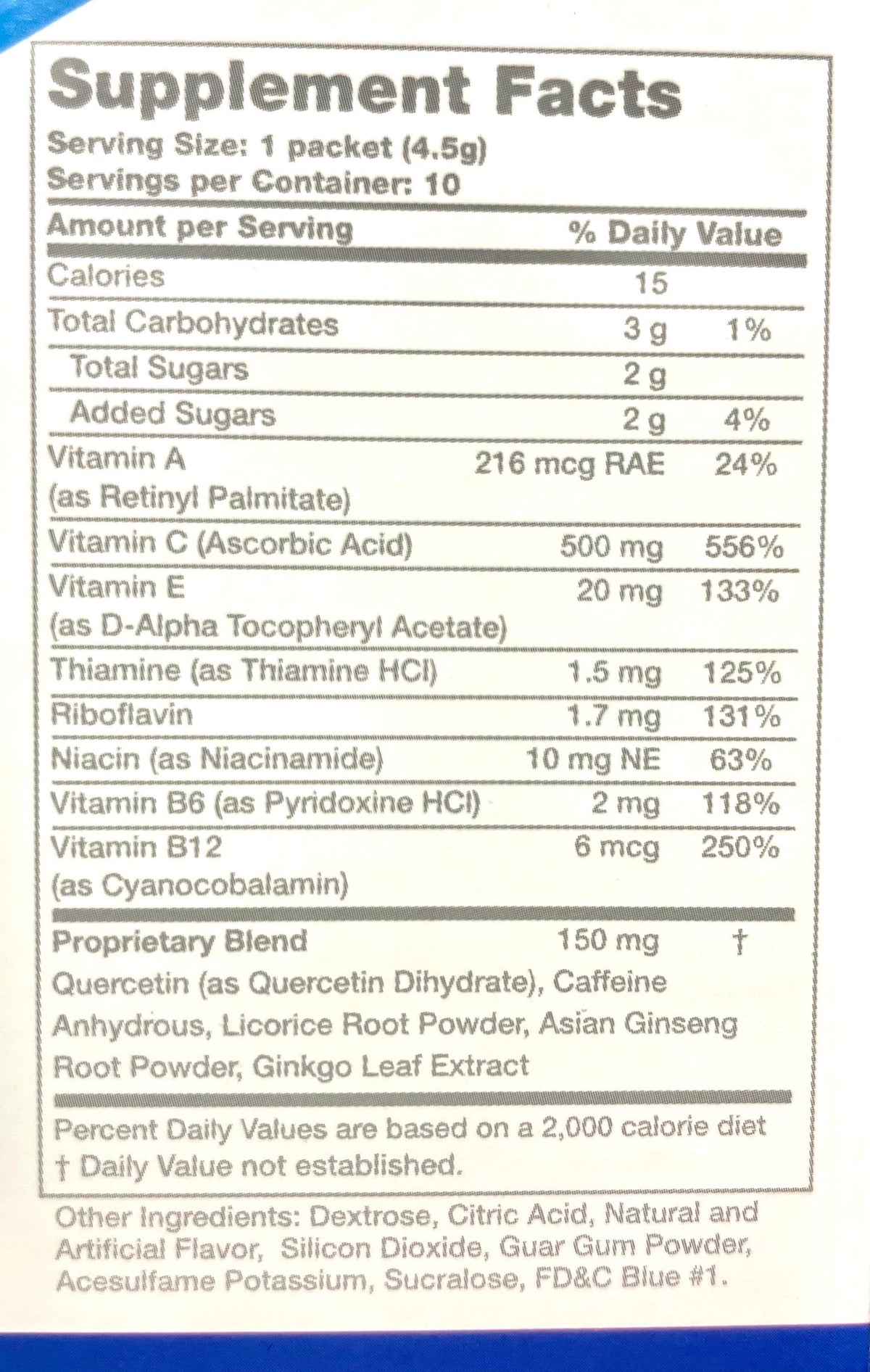 AmBari Nutrition Jump Start energy drink mix with nutrition facts label showing ingredients and nutritional information.