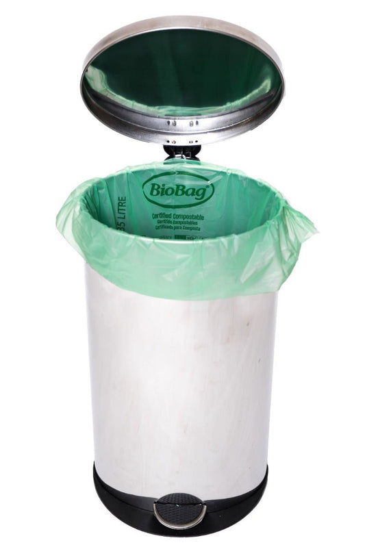 Biobag 13-gallon compostable trash bags by Key Compostables for eco-friendly waste disposal, showcasing durable compostable bin liners.