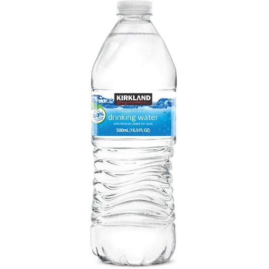 Kirkland Signature bottled water 16.9 fl oz, 40-count case stacked on a pallet, ready for bulk distribution.