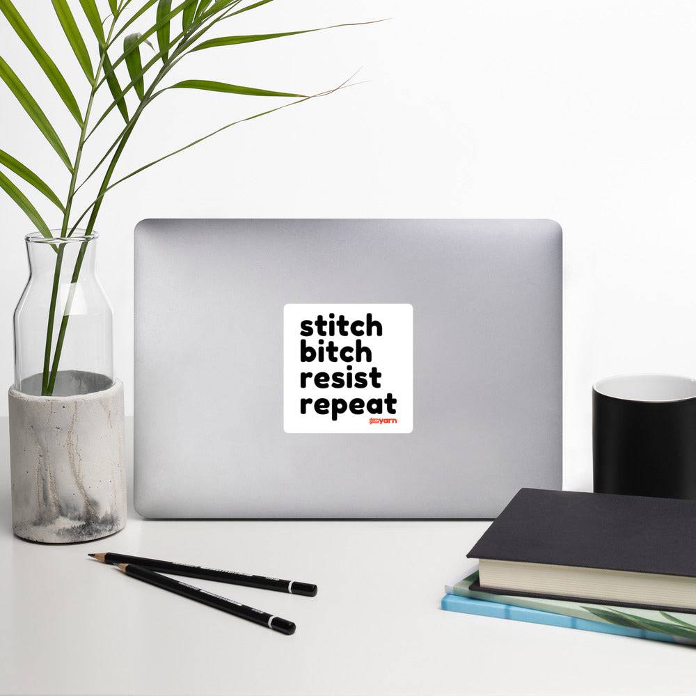 White Stitch Bitch Resist Repeat 4-inch square sticker by Darn Good Yarn, with a kiss-cut design for easy peeling and application.