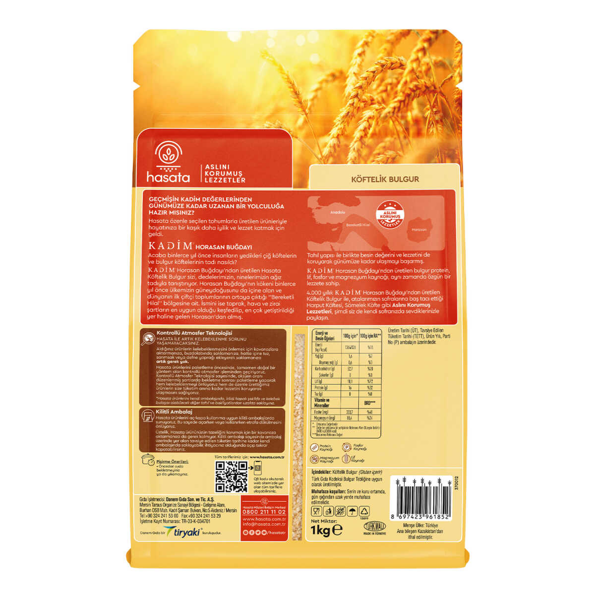 S101 Hasata Fine Bulgur 1kg, traditional Turkish bulgur in a clear bag with Koftelik Antep Bulgur label, ready for cooking.