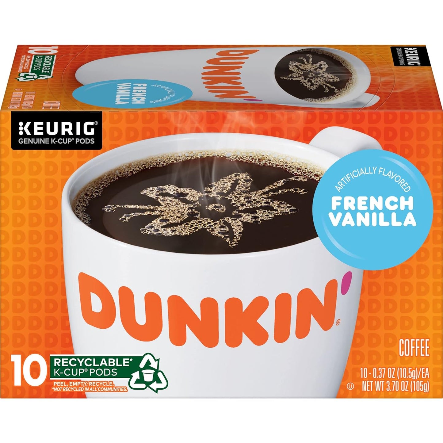 KupofK Coffee Dunkin Donuts French Vanilla K-cups, 10-count, single-serve coffee pods with vanilla flavor.