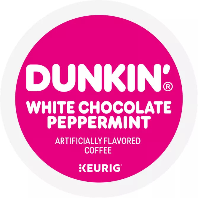 KupofK Coffee Dunkin White Chocolate Peppermint K-cups for Keurig, 22-count, with white chocolate and peppermint flavor capsules.