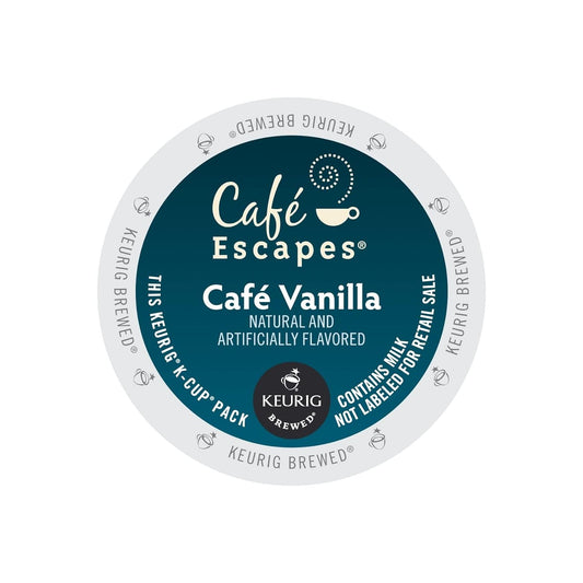 KupofK Coffee Cafe Escapes Cafe Vanilla coffee pods, 24-count box with vanilla-flavored coffee capsules for Keurig brewers