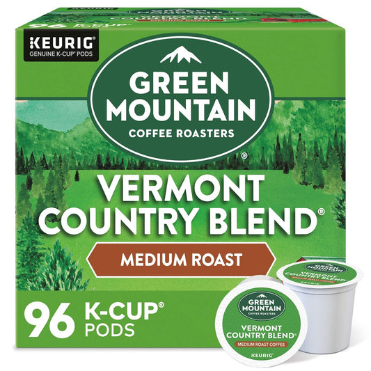 Green Mountain Vermont Country Blend K-cups by KupofK Coffee, fresh coffee pods in green packaging for Keurig brewers.