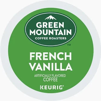 Green Mountain French Vanilla coffee Keurig K-cups from KupofK Coffee in a 10-sampler box, perfect for brewing smooth vanilla-flavored coffee.
