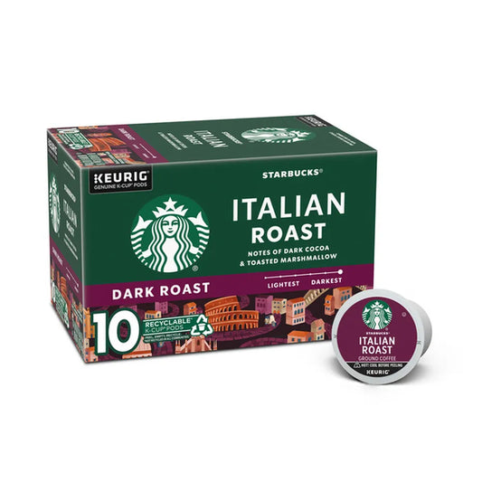 KupofK Coffee Starbucks Italian Roast K-cups for coffee brewing, featuring dark roasted coffee in 10-count package.