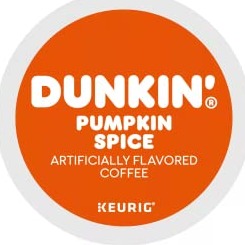 KupofK Coffee Dunkin Donuts Pumpkin Spice K-cups for coffee, featuring orange and brown packaging with pumpkin spice flavor branding.