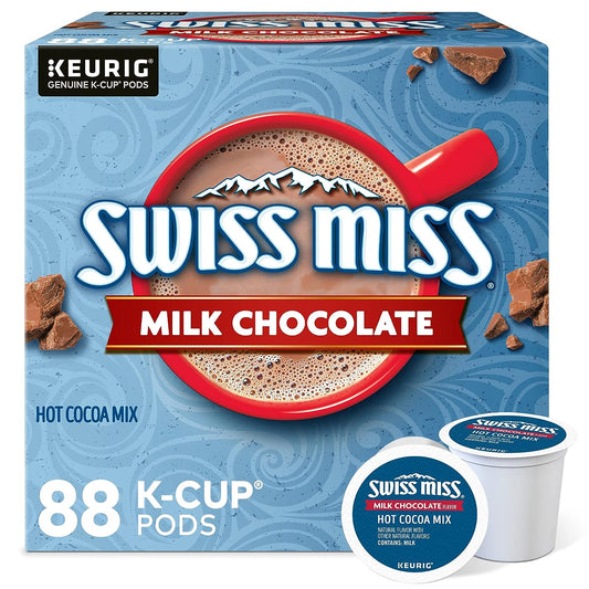 KupofK Coffee Swiss Miss Milk Chocolate Hot Cocoa K-cups for Keurig, 22-count, with chocolate-flavored hot cocoa pods.