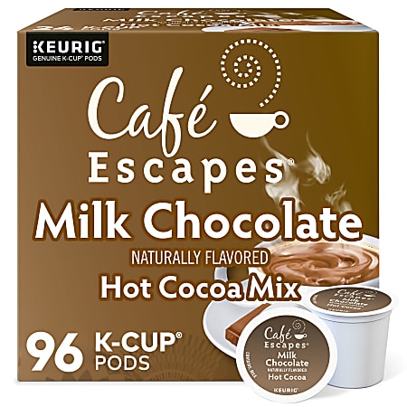 KupofK Coffee Cafe Escapes Milk Chocolate Hot Cocoa K-cups for coffee makers, featuring rich milk chocolate flavor in single-serve pods.