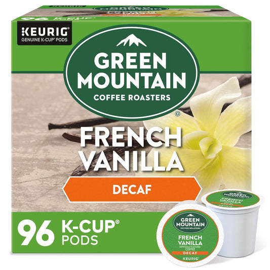 KupofK Coffee Green Mountain French Vanilla Decaf coffee bag with vanilla flavor and decaffeinated beans.