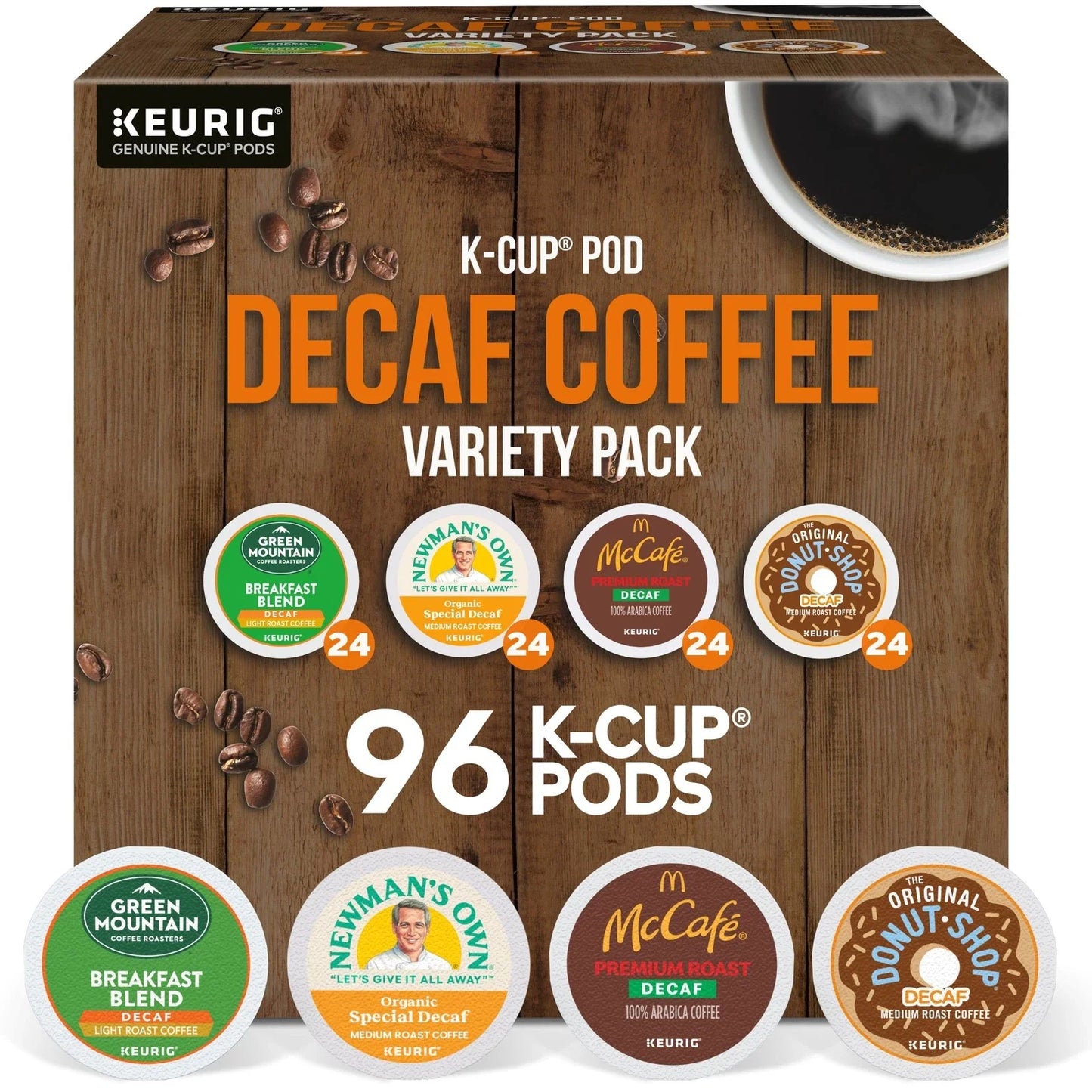 KupofK Coffee decaf variety pack of coffee K-cups for Keurig machines, featuring assorted decaffeinated coffee flavors.
