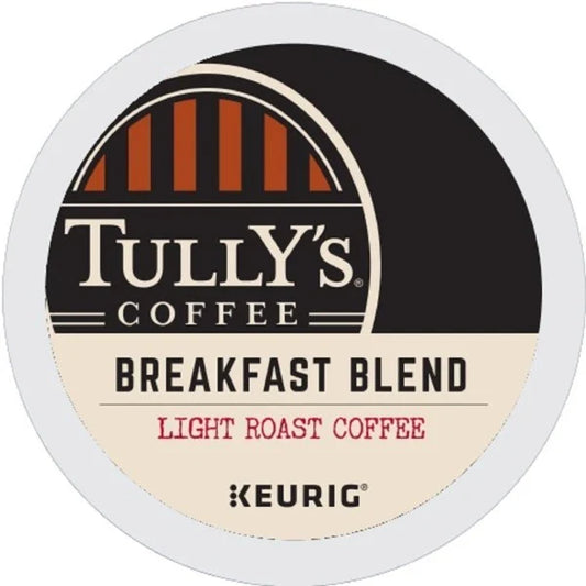 KupofK Coffee Tully's Breakfast Blend coffee K-cups in a box, featuring rich, aromatic coffee for a breakfast boost.