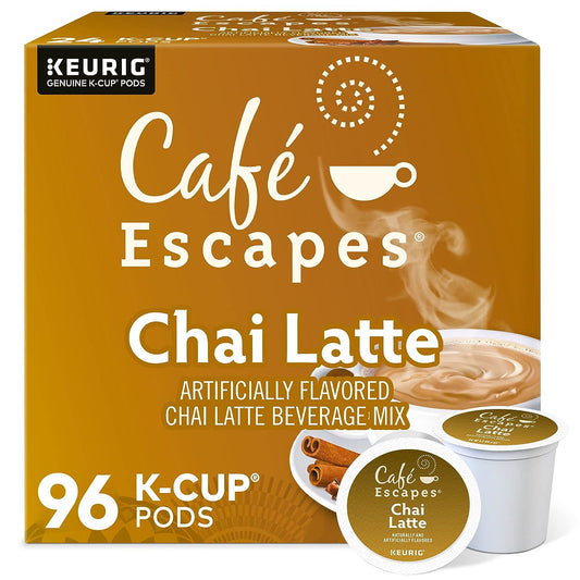 KupofK Coffee Café Escapes Chai Latte K-cups for coffee makers, 24-pack, with warm spiced chai flavor and coffee aroma.