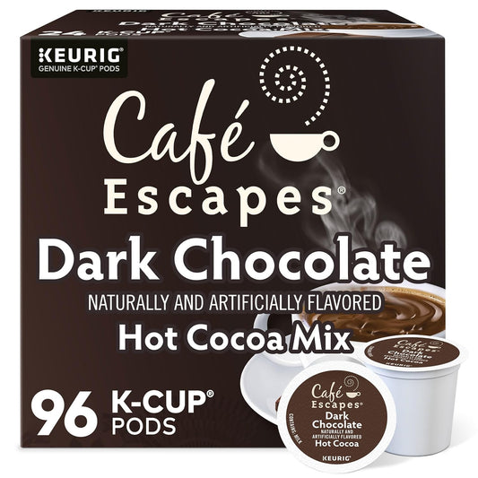 KupofK Coffee Cafe Escapes Dark Chocolate Hot Cocoa K-cups for Keurig brewers, featuring rich chocolate flavor and individual coffee pods.