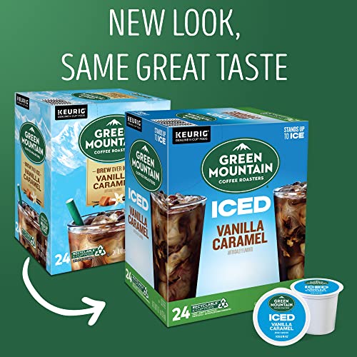 KupofK Coffee Green Mountain Brew Over Ice Vanilla Caramel K-cups for coffee brewing, featuring colorful packaging and individual cups