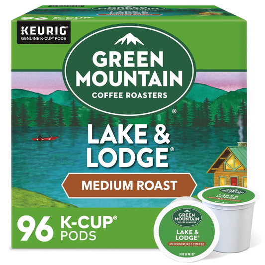 Green Mountain Lake & Lodge K-cups by KupofK Coffee, 24-pack, single-serve coffee pods with fresh, aromatic brew in green packaging.