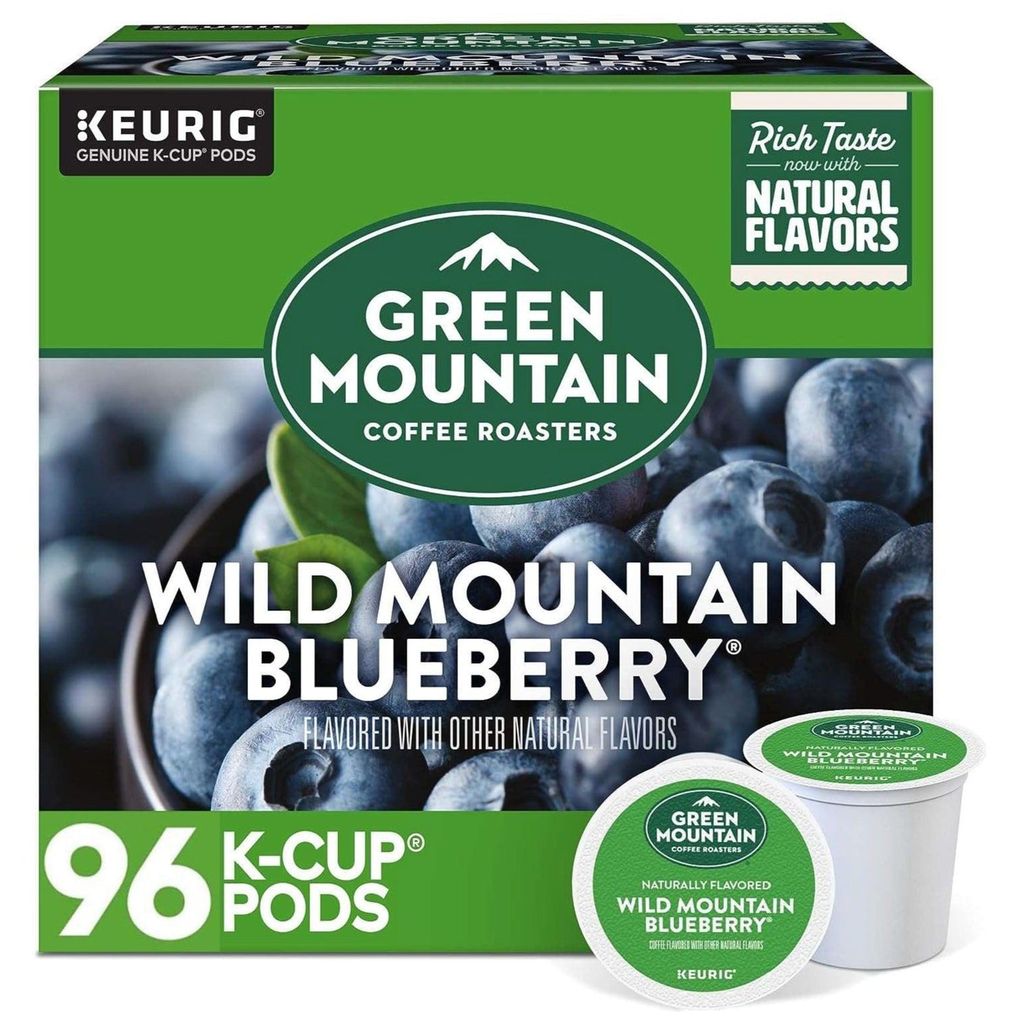 Green Mountain Wild Mountain Blueberry K-cup coffee pods by KupofK Coffee for Keurig brewers, featuring blue and green packaging.