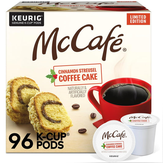 KupofK Coffee McCafé Cinnamon Streusel Coffee Cake K-cups in bulk box, ready for brewing aromatic cinnamon coffee.
